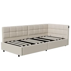 Lit Coffre Enfant 90x200cm Avec Coffre Hydraulique,éclairage LED Et USB,avec Sommier à Lattes,beige