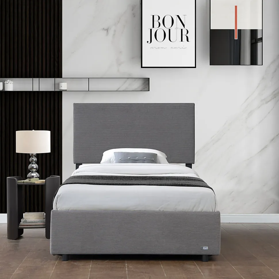 Lit coffre Juva rembourré avec velours côtelé 90 x 200 cm gris Corium