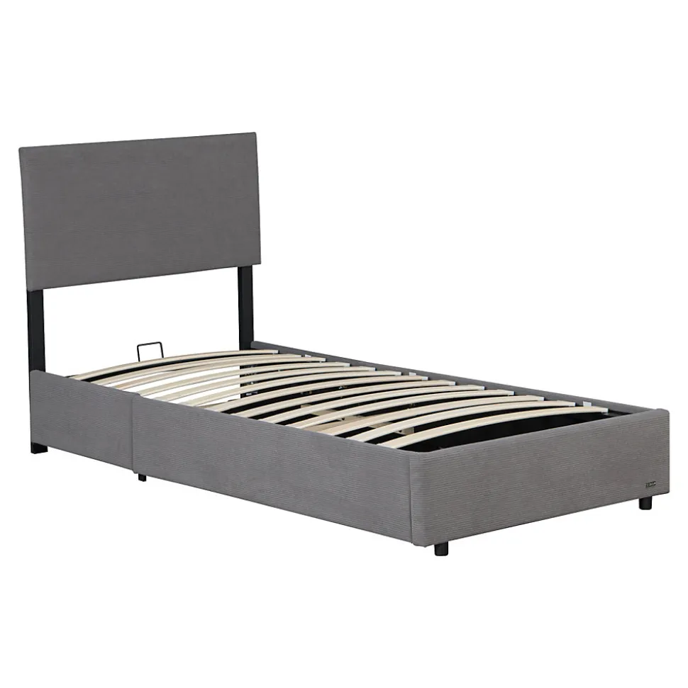 Lit coffre Juva rembourré avec velours côtelé 90 x 200 cm gris Corium