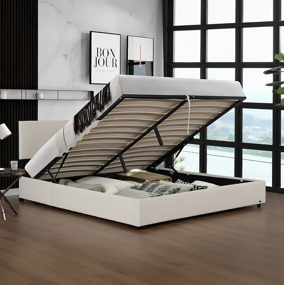 Lit coffre Juva rembourré avec velours côtelé 180 x 200 cm beige Corium