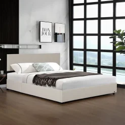 Lit coffre Juva rembourré avec velours côtelé 180 x 200 cm beige Corium