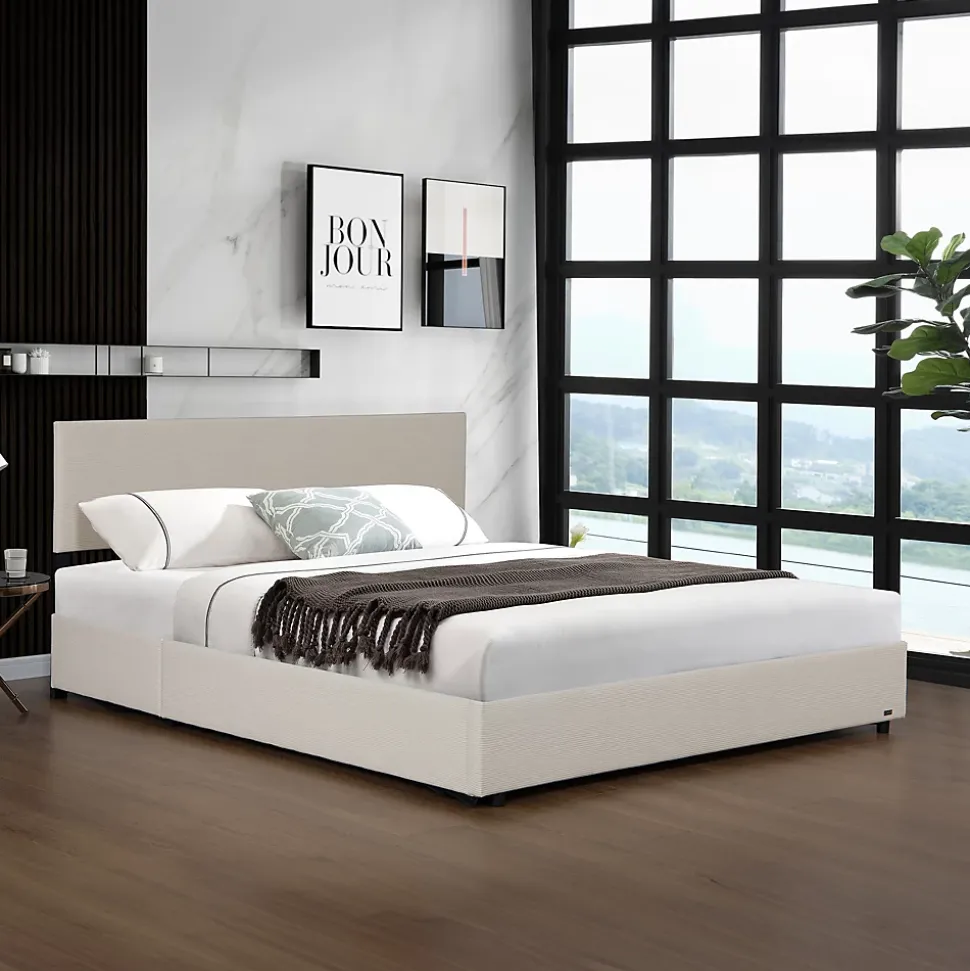 Lit coffre Juva rembourré avec velours côtelé 180 x 200 cm beige Corium