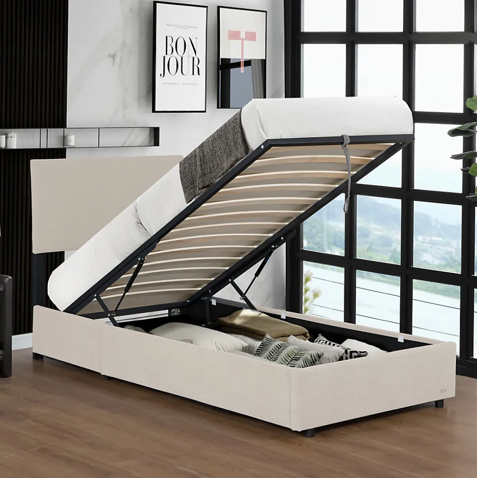 Lit coffre Juva rembourré avec velours côtelé 90 x 200 cm beige Corium