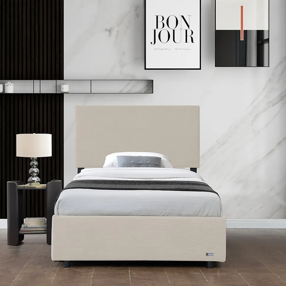 Lit coffre Juva rembourré avec velours côtelé 90 x 200 cm beige Corium