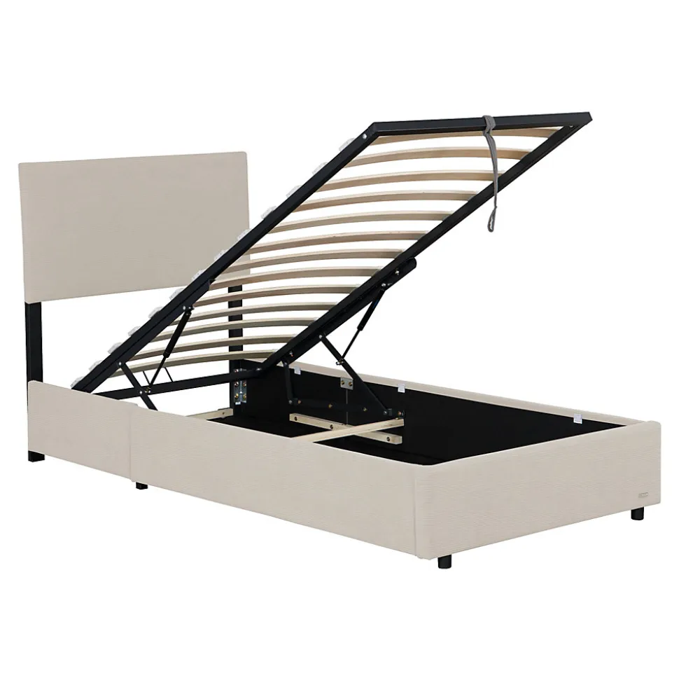 Lit coffre Juva rembourré avec velours côtelé 90 x 200 cm beige Corium