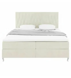 Lit Coffre KINGSTON 160x200 cm Velours Beige avec Tete de Lit Matelas Inclus et Rangement Integre
