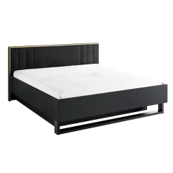 Lit coffre MONDO 160x200 cm Noir structuré et doré Pieds métal Sommier inclus