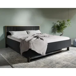 Lit coffre MONDO 160x200 cm Noir structuré et doré Pieds métal Sommier inclus