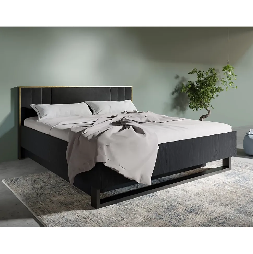 Lit coffre MONDO 160x200 cm Noir structuré et doré Pieds métal Sommier inclus