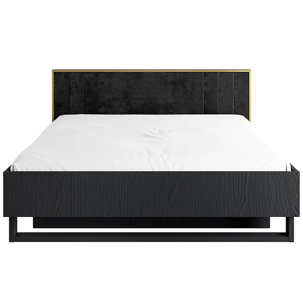Lit coffre MONDO 160x200 cm Noir structuré et doré Pieds métal Sommier inclus