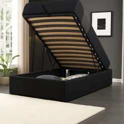 Lit coffre noir 90x200 cm - 12 lattes - pieds inclus - soutien ferme - confort optimal - gain de place