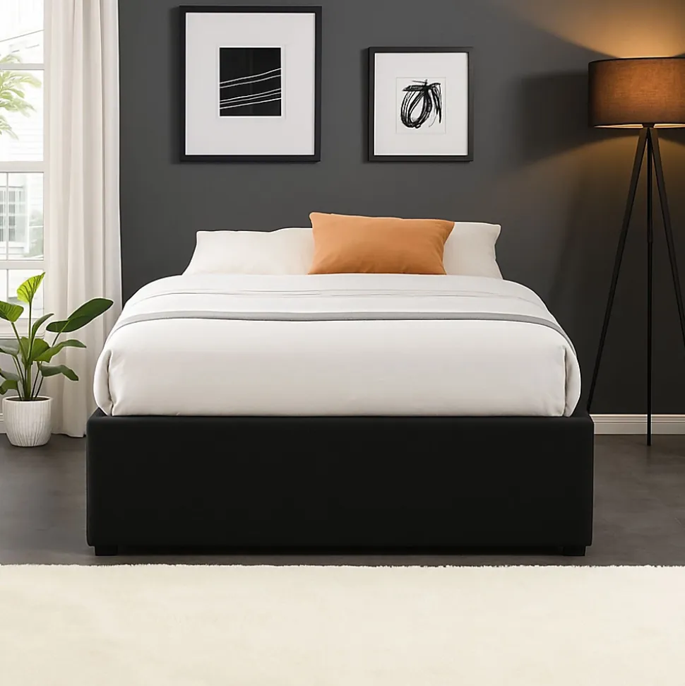 Lit coffre noir 90x200 cm - 12 lattes - pieds inclus - soutien ferme - confort optimal - gain de place