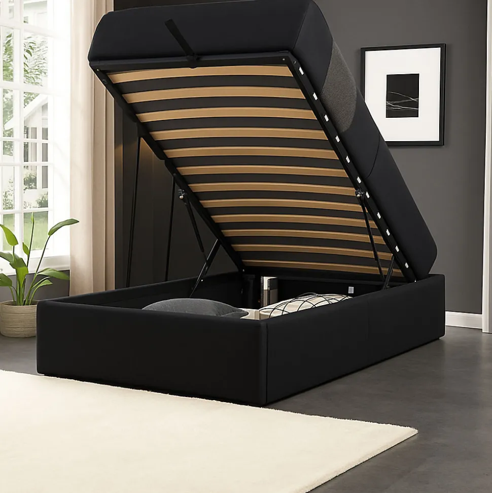 Lit coffre noir 90x190 cm - montage rapide - 12 lattes - design moderne - espace de rangement - tendance