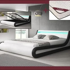 Lit coffre PARISINA 180x200 cm blanc et noir simili cuir LED
