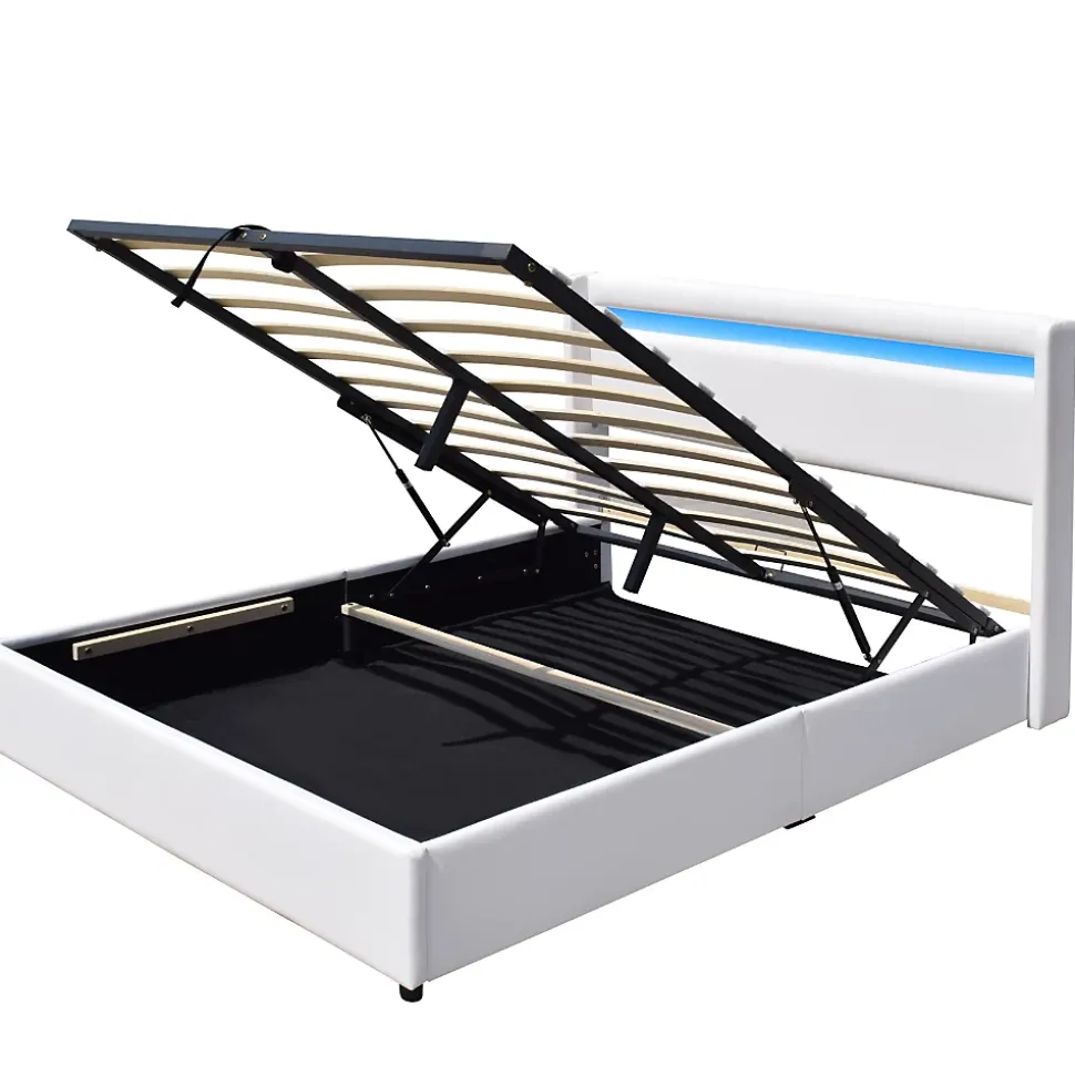 Lit coffre rangement 140x190 cm avec tete de lit LED - 12 lattes - montage rapide et facile - confort optimal - design moderne -