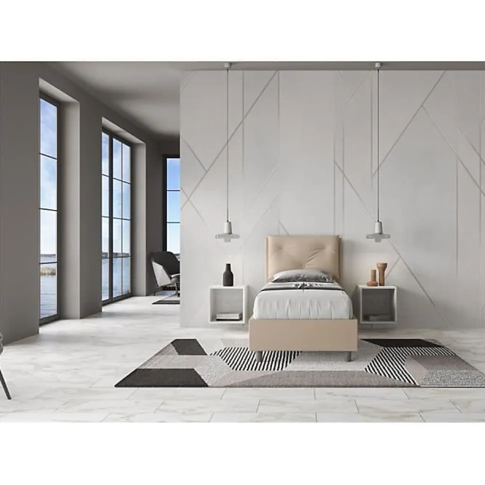 Lit coffre rembourré en simili cuir gris tourterelle Appia 80x210