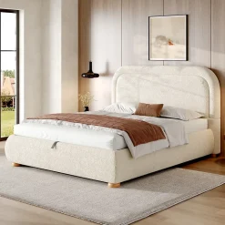 Lit coffre rembourré 140x190 cm avec rangement - Tête de lit rembourrée - Sommier à lattes - Tissu bouclé - Beige(sans matelas)