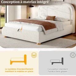 Lit coffre rembourré 140x190 cm avec rangement - Tête de lit rembourrée - Sommier à lattes - Tissu bouclé - Blanc(sans matelas)