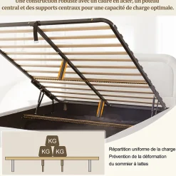 Lit coffre rembourré 140x190 cm avec rangement - Tête de lit rembourrée - Sommier à lattes - Tissu bouclé - Blanc(sans matelas)