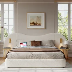 Lit coffre rembourré 180x200 cm - Avec USB et lampe de lecture - Tête de lit rembourrée - Tissu bouclé - Blanc (sans matelas)