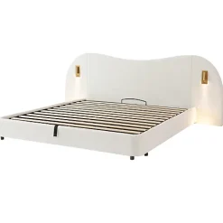 Lit coffre rembourré 180x200 cm - Avec USB et lampe de lecture - Tête de lit rembourrée - Tissu bouclé - Blanc (sans matelas)