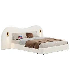 Lit coffre rembourré 180x200 cm - Avec USB et lampe de lecture - Tête de lit rembourrée - Tissu bouclé - Blanc (sans matelas)