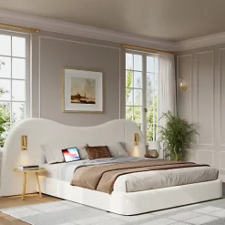 Lit coffre rembourré 180x200 cm - Avec USB et lampe de lecture - Tête de lit rembourrée - Tissu bouclé - Blanc (sans matelas)