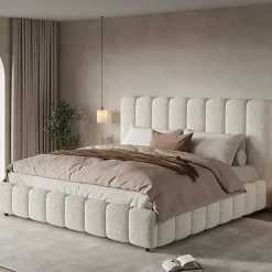 Lit coffre rembourré 180x200cm - Tête de lit rembourrée - Rangement sous le lit - Sommier à lattes - Bouclé - Blanc(sans matelas)