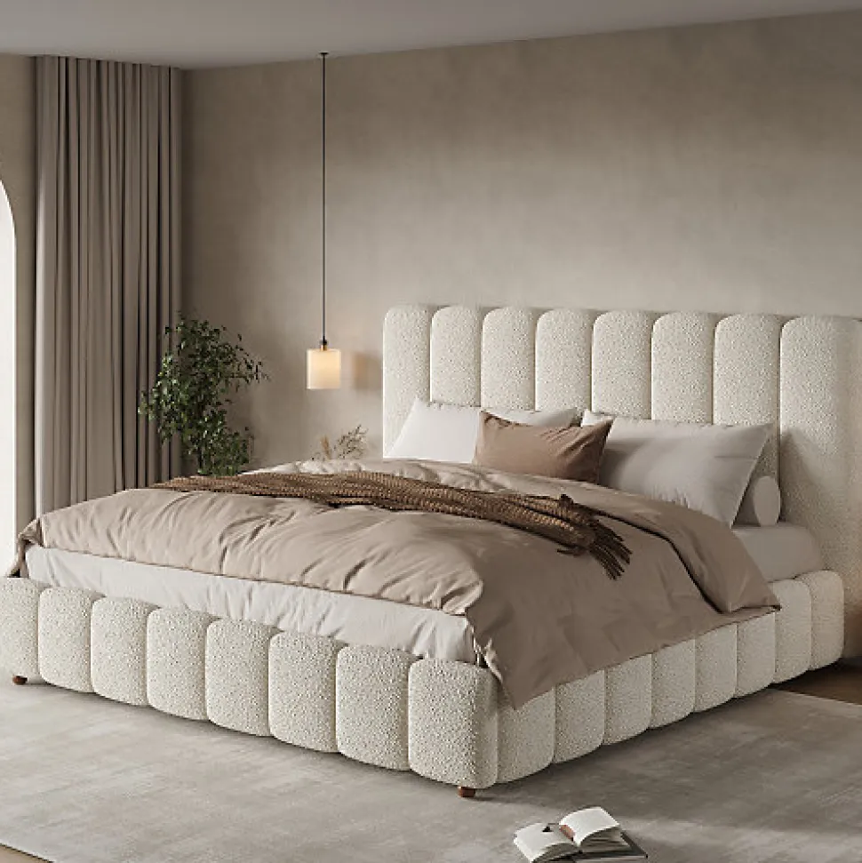 Lit coffre rembourré 180x200cm - Tête de lit rembourrée - Rangement sous le lit - Sommier à lattes - Bouclé - Blanc(sans matelas)