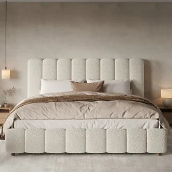 Lit coffre rembourré 180x200cm - Tête de lit rembourrée - Rangement sous le lit - Sommier à lattes - Bouclé - Blanc(sans matelas)