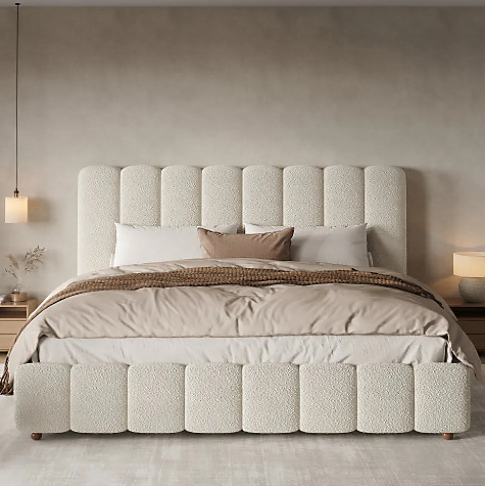 Lit coffre rembourré 180x200cm - Tête de lit rembourrée - Rangement sous le lit - Sommier à lattes - Bouclé - Blanc(sans matelas)