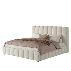 Lit coffre rembourré 180x200cm - Tête de lit rembourrée - Rangement sous le lit - Sommier à lattes - Bouclé - Blanc(sans matelas)