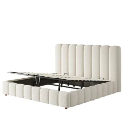 Lit coffre rembourré 180x200cm - Tête de lit rembourrée - Rangement sous le lit - Sommier à lattes - Bouclé - Blanc(sans matelas)