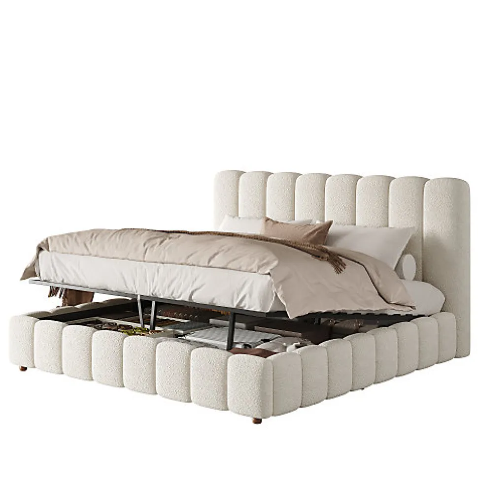 Lit coffre rembourré 180x200cm - Tête de lit rembourrée - Rangement sous le lit - Sommier à lattes - Bouclé - Blanc(sans matelas)