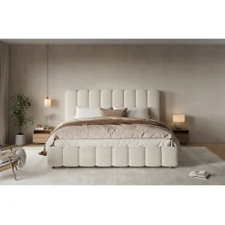 Lit coffre rembourré 180x200cm - Tête de lit rembourrée - Rangement sous le lit - Sommier à lattes - Bouclé - Blanc(sans matelas)