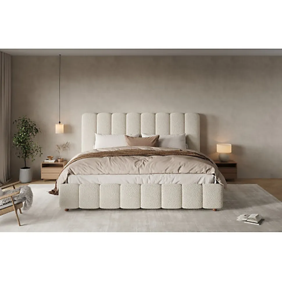 Lit coffre rembourré 180x200cm - Tête de lit rembourrée - Rangement sous le lit - Sommier à lattes - Bouclé - Blanc(sans matelas)