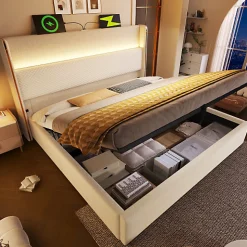 Lit coffre rembourré 140x200cm avec éclairage LED - ports USB et Type-C - tissu en Lin - Beige (sans matelas)