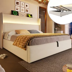 Lit coffre rembourré 140x200cm avec éclairage LED - ports USB et Type-C - tissu en Lin - Beige (sans matelas)