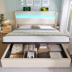 Lit coffre rembourré 140x200cm avec éclairage LED - ports USB et Type-C - tissu en Lin - Beige (sans matelas)