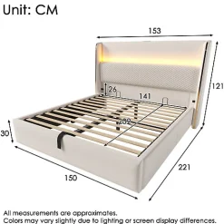 Lit coffre rembourré 140x200cm avec éclairage LED - ports USB et Type-C - tissu en Lin - Beige (sans matelas)