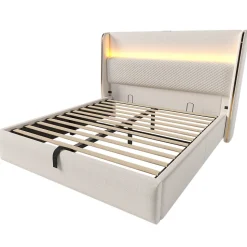 Lit coffre rembourré 140x200cm avec éclairage LED - ports USB et Type-C - tissu en Lin - Beige (sans matelas)