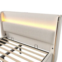 Lit coffre rembourré 140x200cm avec éclairage LED - ports USB et Type-C - tissu en Lin - Beige (sans matelas)