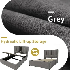 Lit coffre rembourré 90x200cm avec porte-gobelet - ports USB et Type-C - avec sommier à lattes - Lin - Gris (sans matelas)