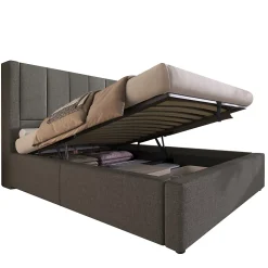 Lit coffre rembourré 90x200cm avec porte-gobelet - ports USB et Type-C - avec sommier à lattes - Lin - Gris (sans matelas)