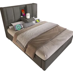 Lit coffre rembourré 90x200cm avec porte-gobelet - ports USB et Type-C - avec sommier à lattes - Lin - Gris (sans matelas)