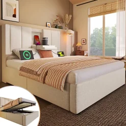 Lit coffre rembourré 90x200cm avec porte-gobelet - ports USB et Type-C - avec sommier à lattes - Lin - Beige (sans matelas)