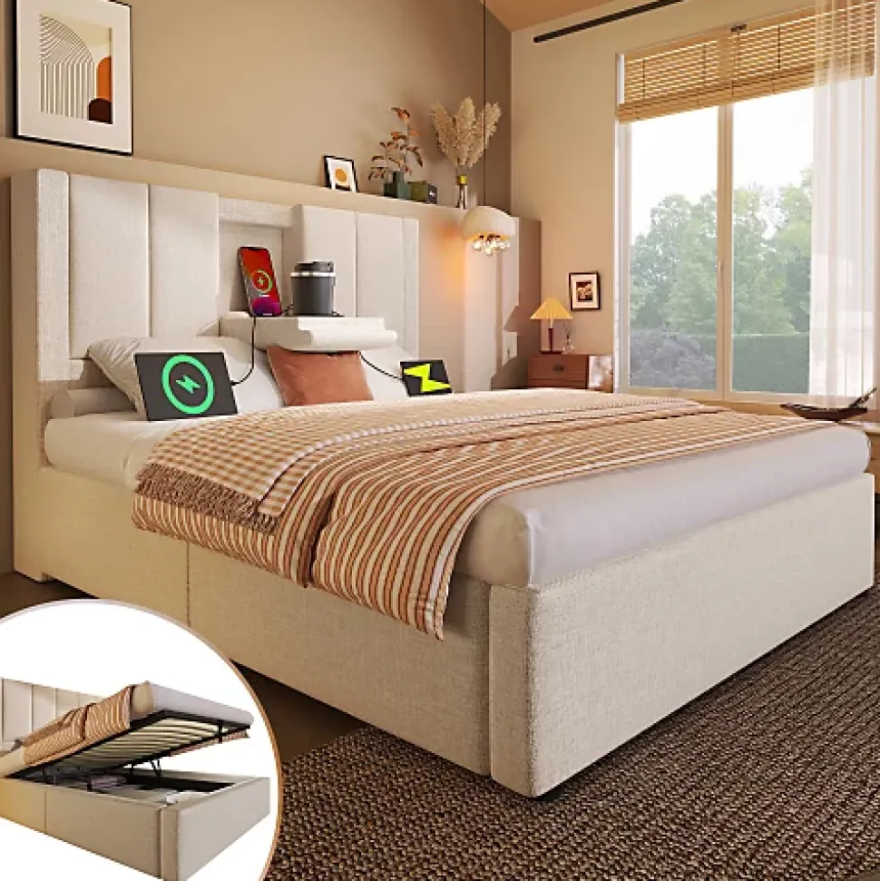 Lit coffre rembourré 90x200cm avec porte-gobelet - ports USB et Type-C - avec sommier à lattes - Lin - Beige (sans matelas)