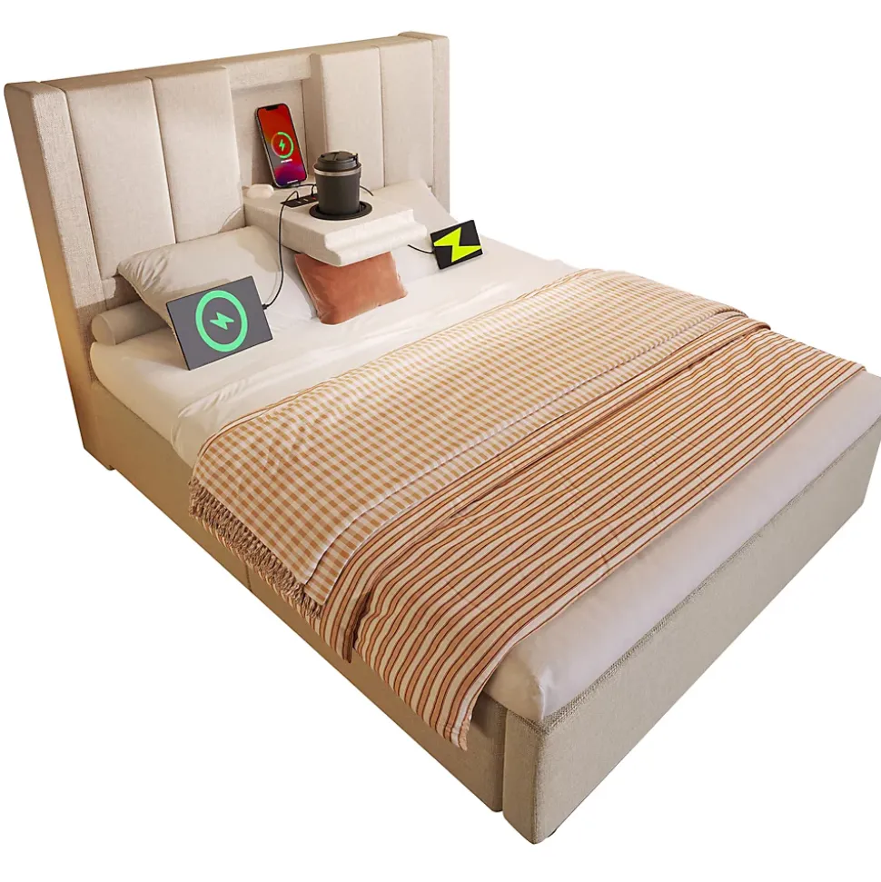 Lit coffre rembourré 90x200cm avec porte-gobelet - ports USB et Type-C - avec sommier à lattes - Lin - Beige (sans matelas)
