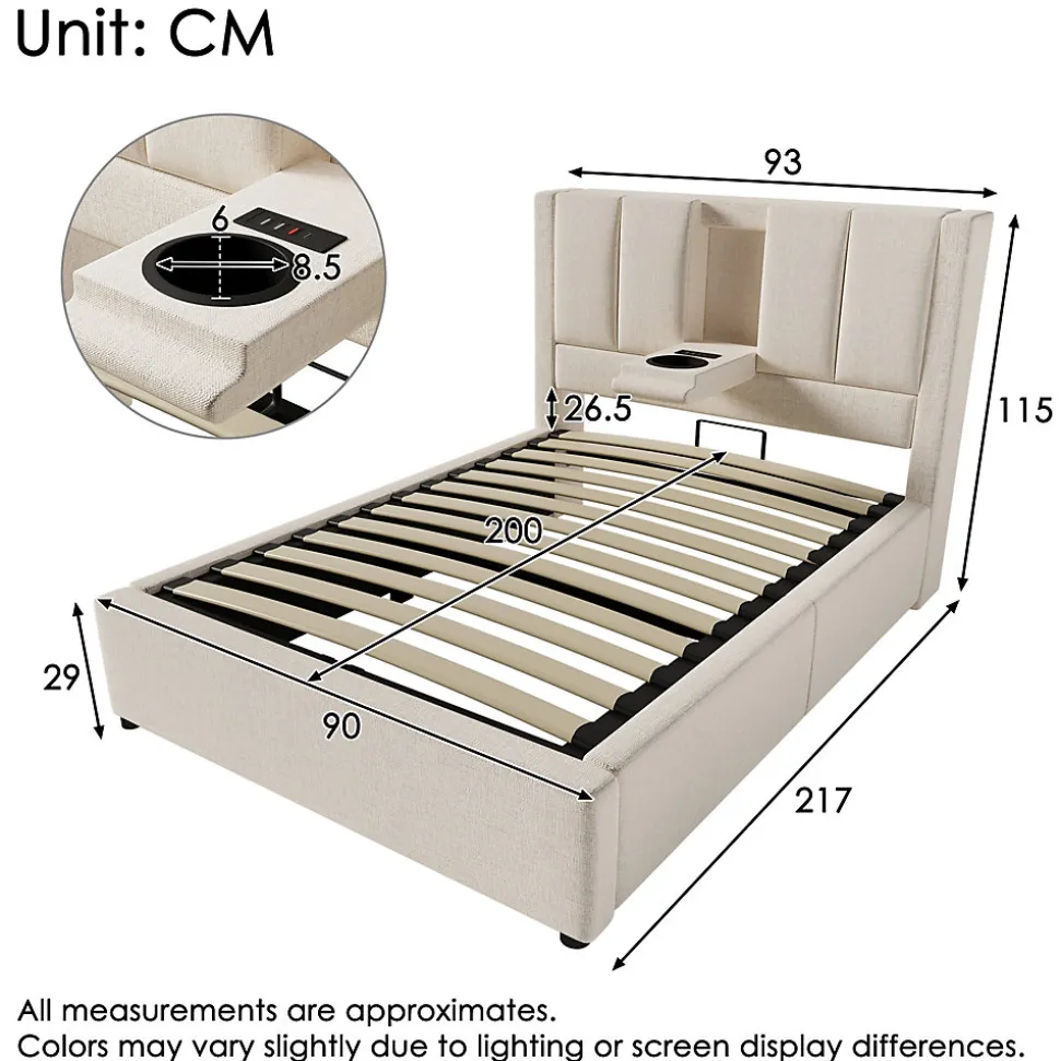 Lit coffre rembourré 90x200cm avec porte-gobelet - ports USB et Type-C - avec sommier à lattes - Lin - Beige (sans matelas)