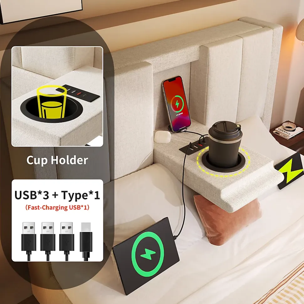 Lit coffre rembourré 90x200cm avec porte-gobelet - ports USB et Type-C - avec sommier à lattes - Lin - Beige (sans matelas)